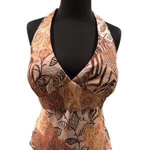 Cache Earthtone Silk Metallic Lined Halter Top Built In Bra Lined Hankey Hem$128